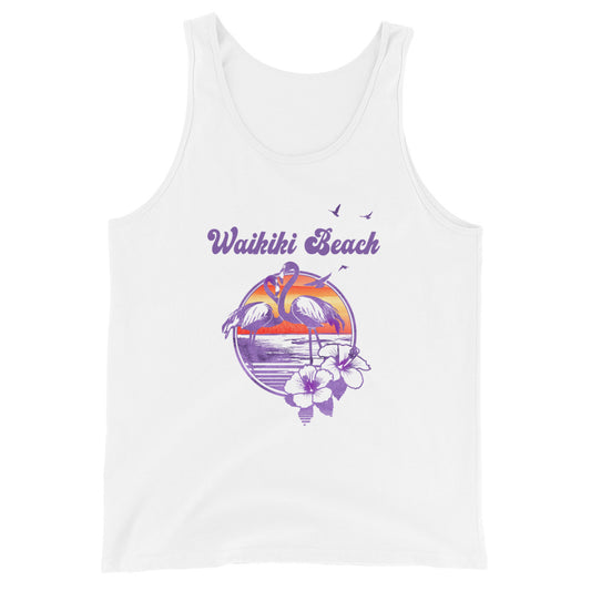 Retro Waikiki Beach Oahu Hawaii Flamingo Hibiscus Unisex Tank Top