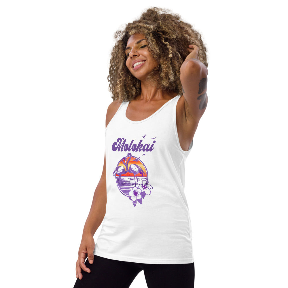 Retro Molokai Hawaii Beach Flamingo Hibiscus Unisex Tank Top