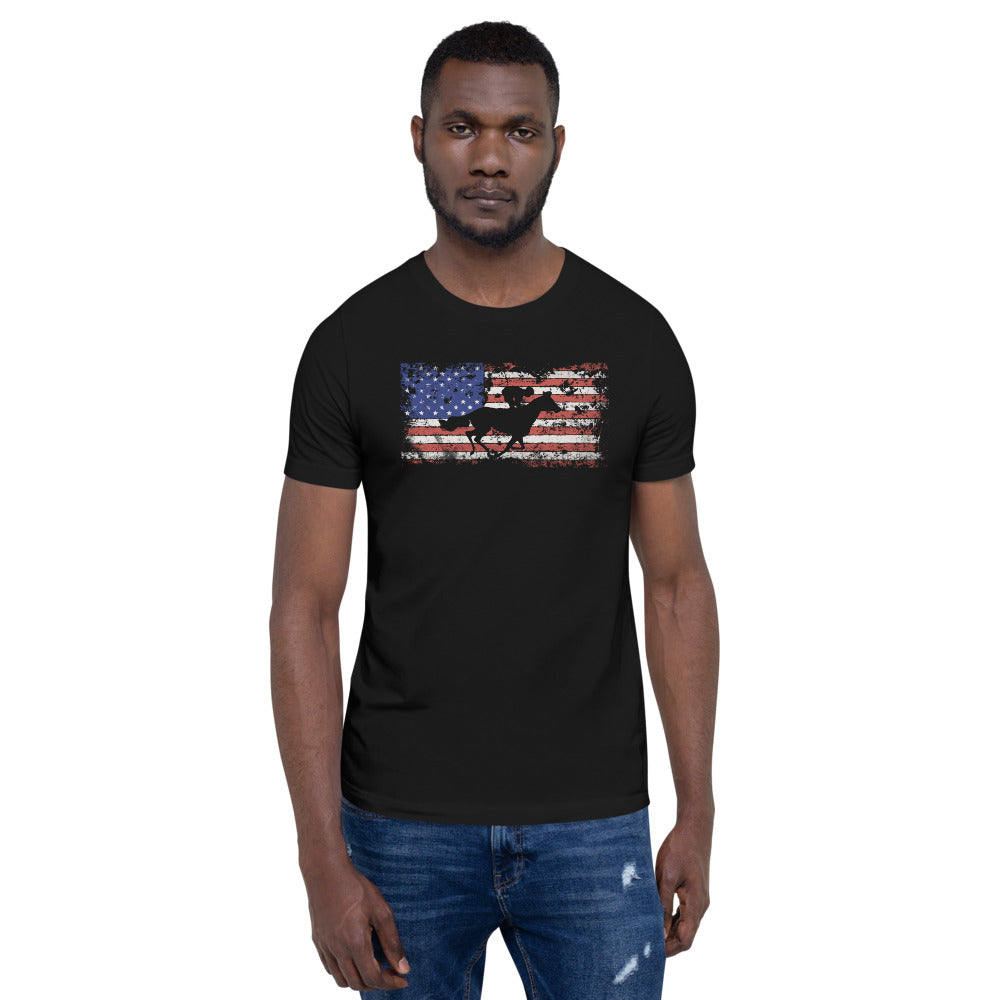 Horse Racing Fan USA Flag Patriotic Race Track Lover Unisex T-Shirt