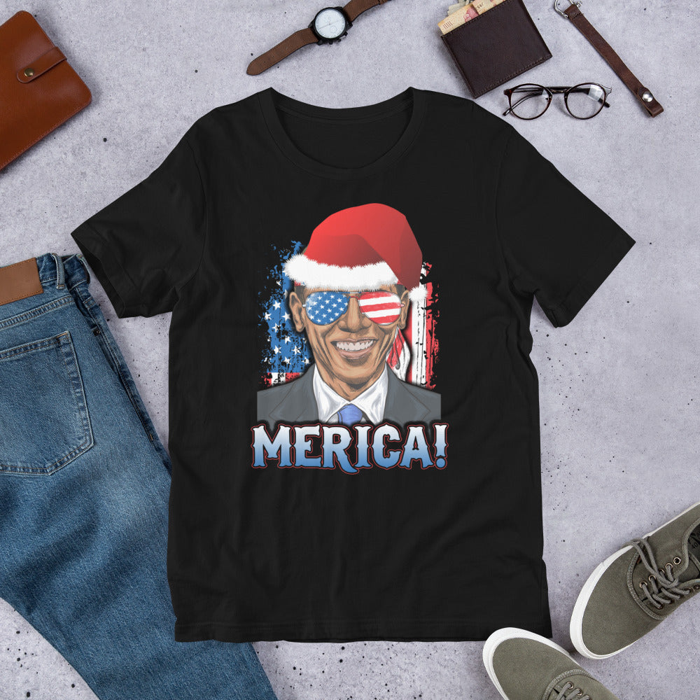 Funny Barack Obama Merica Christmas Political Democrats USA Flag Unisex T-Shirt