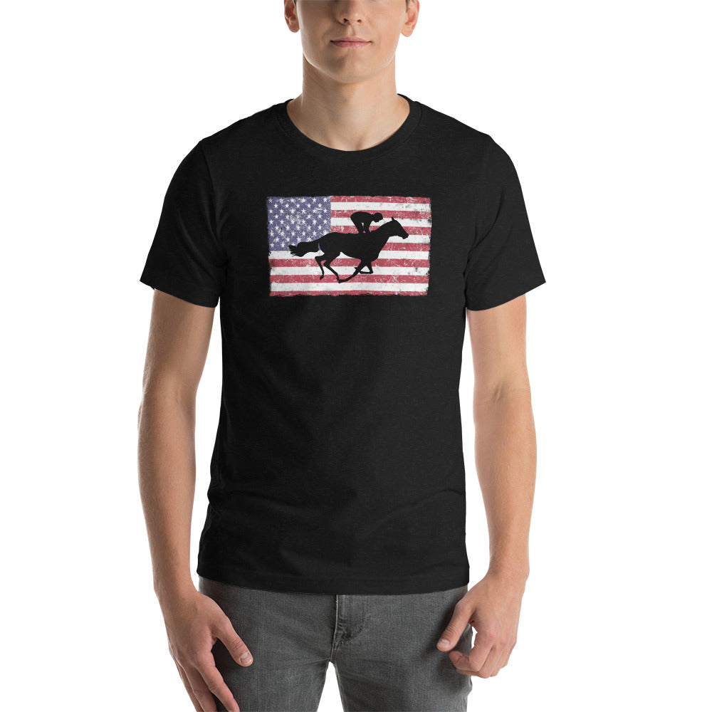 Horse Racing Fan USA Flag Race Track Lover Patriotic Unisex T-Shirt