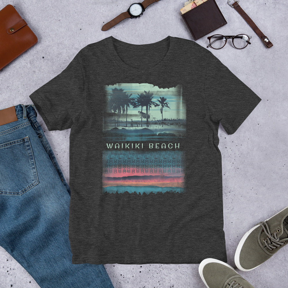 Waikiki Beach Oahu Hawaii Vacation Souvenir Unisex T-Shirt Tropical Palm Tree Abstract