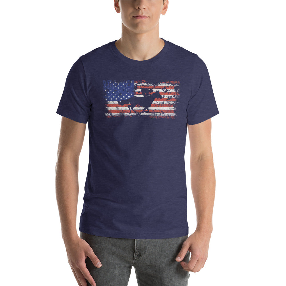 Horse Racing Fan USA Flag Patriotic Race Track Lover Unisex T-Shirt