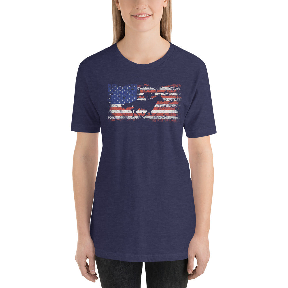 Horse Racing Fan USA Flag Patriotic Race Track Lover Unisex T-Shirt