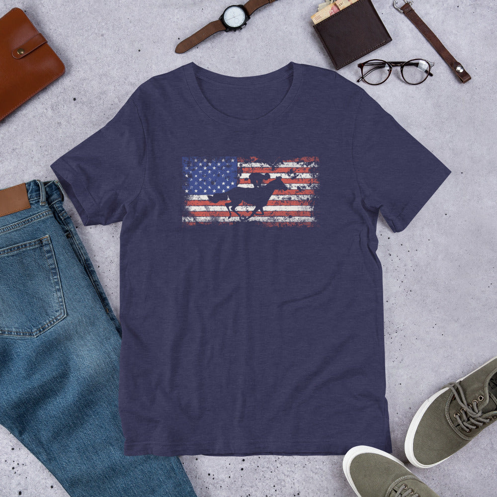 Horse Racing Fan USA Flag Patriotic Race Track Lover Unisex T-Shirt