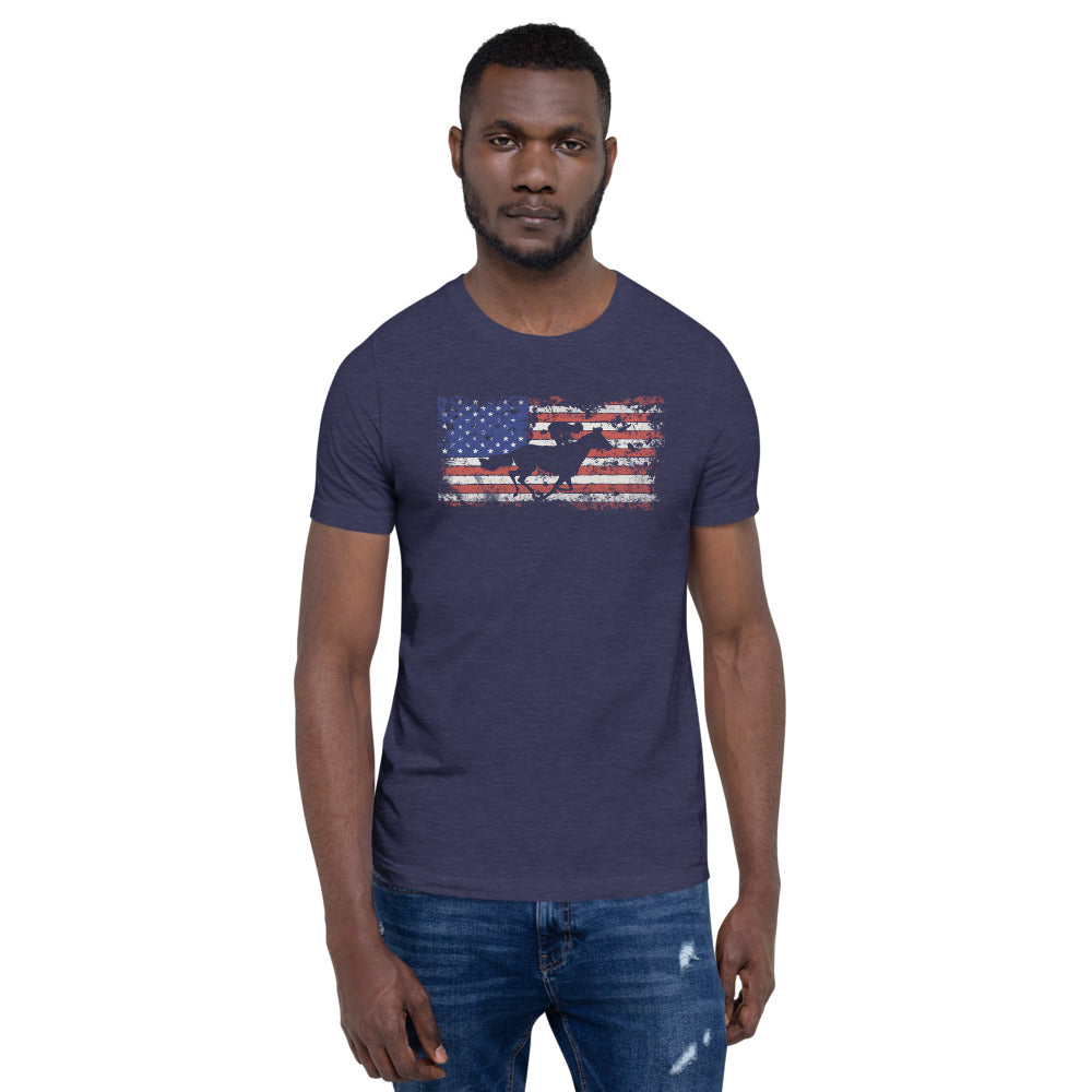 Horse Racing Fan USA Flag Patriotic Race Track Lover Unisex T-Shirt