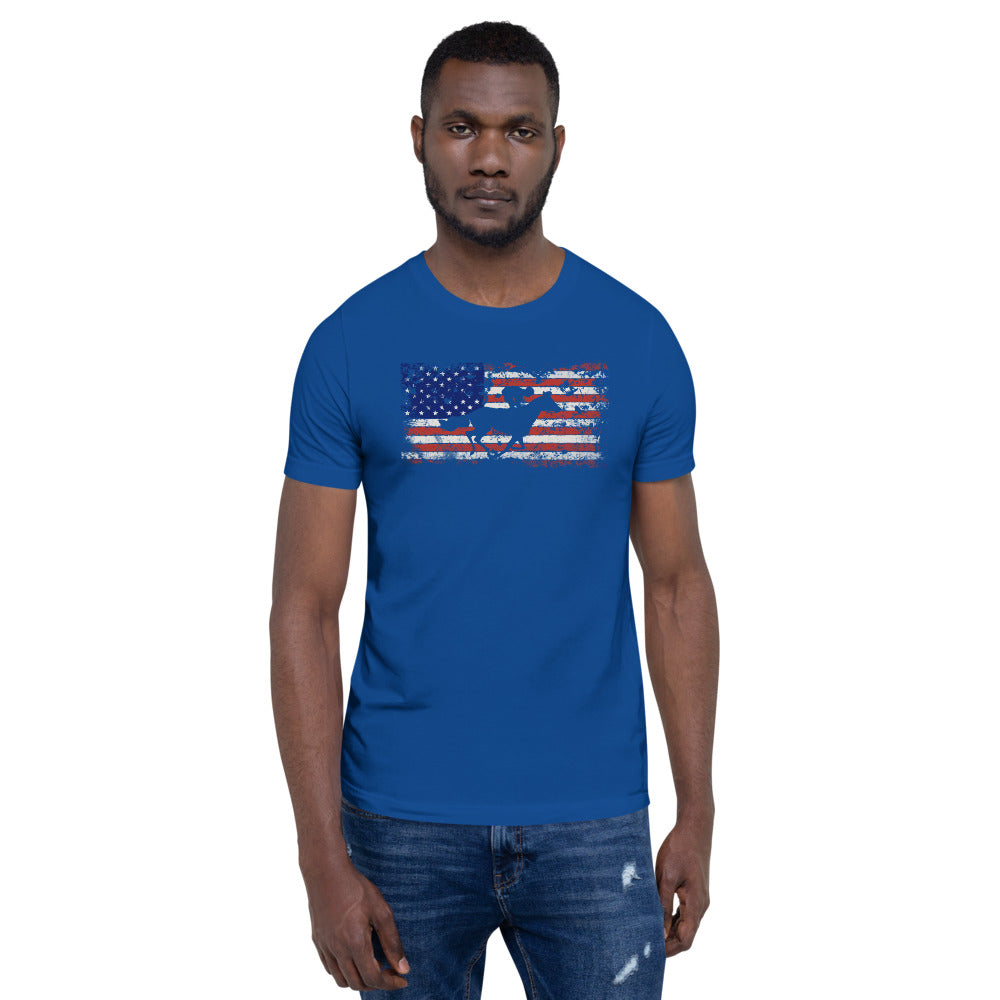 Horse Racing Fan USA Flag Patriotic Race Track Lover Unisex T-Shirt