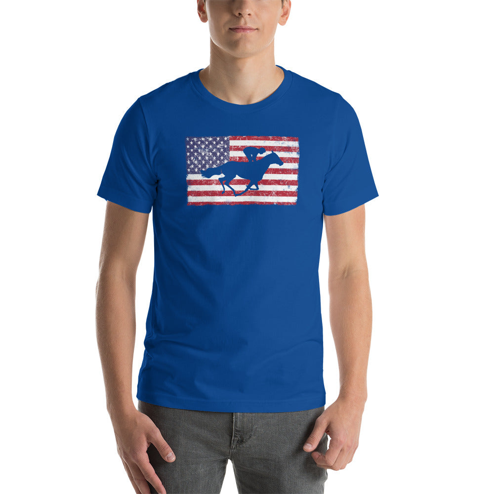 Horse Racing Fan USA Flag Race Track Lover Patriotic Unisex T-Shirt