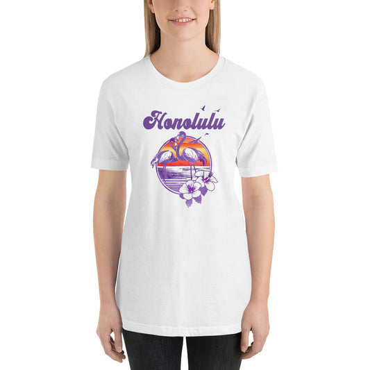 Retro Honolulu Oahu Hawaii Beach Flamingo Hibiscus Unisex T-Shirt