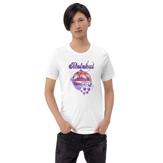 Retro Molokai Hawaii Beach Flamingo Hibiscus Unisex T-Shirt