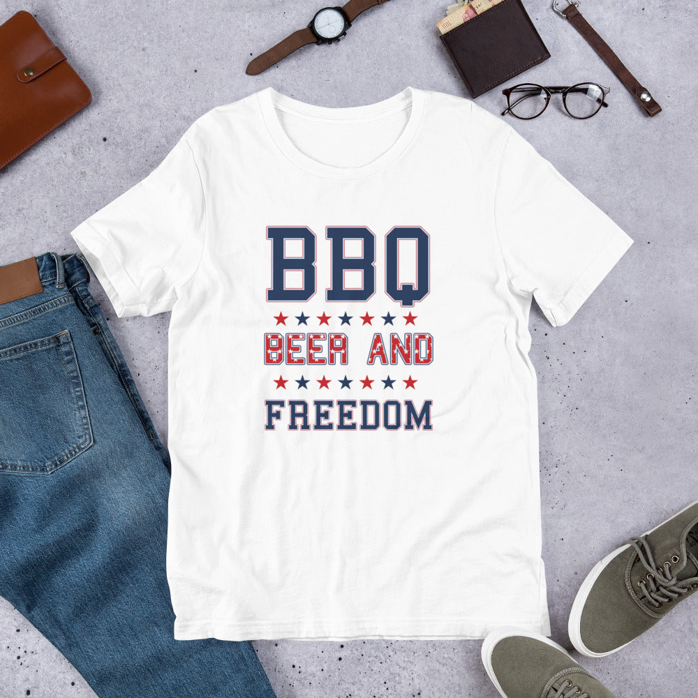 Funny BBQ Beer And Freedom July 4th USA Patriotic Unisex T-Shirt