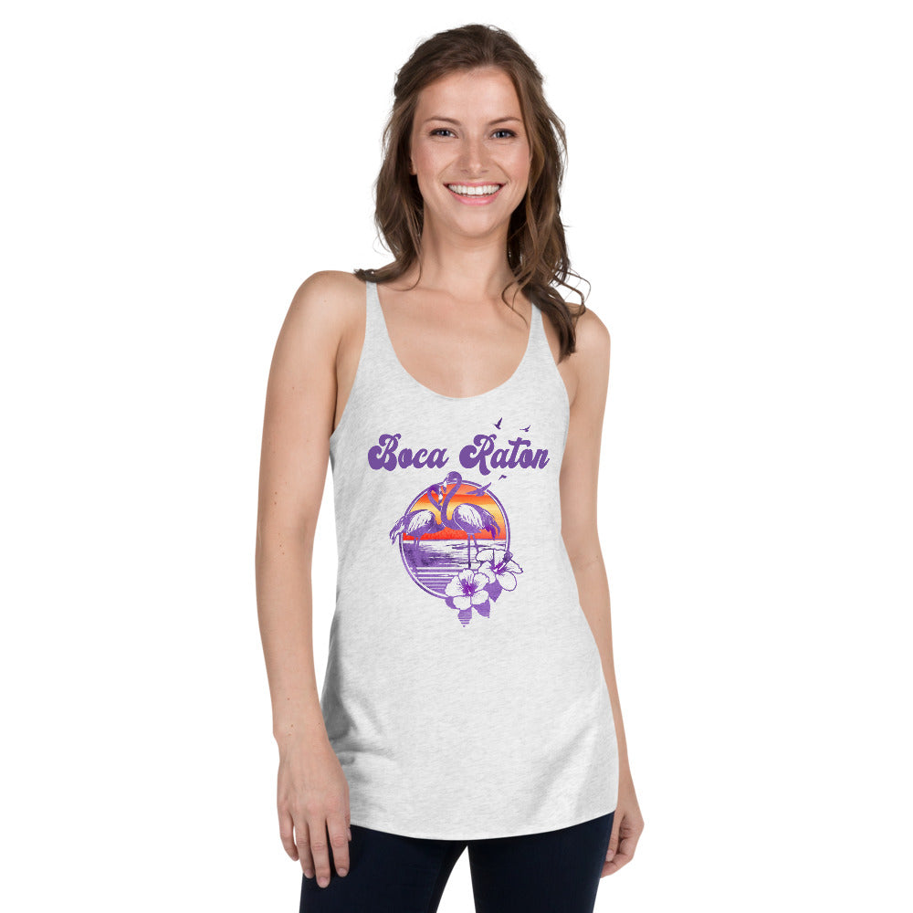 Retro Boca Raton Florida Beach Flamingo Hibiscus Women's Racerback Tank Top