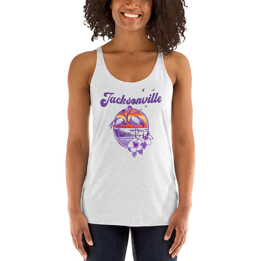 Retro Jacksonville Florida Beach Flamingo Hibiscus Women's Racerback Tank Top