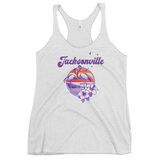 Retro Jacksonville Florida Beach Flamingo Hibiscus Women's Racerback Tank Top