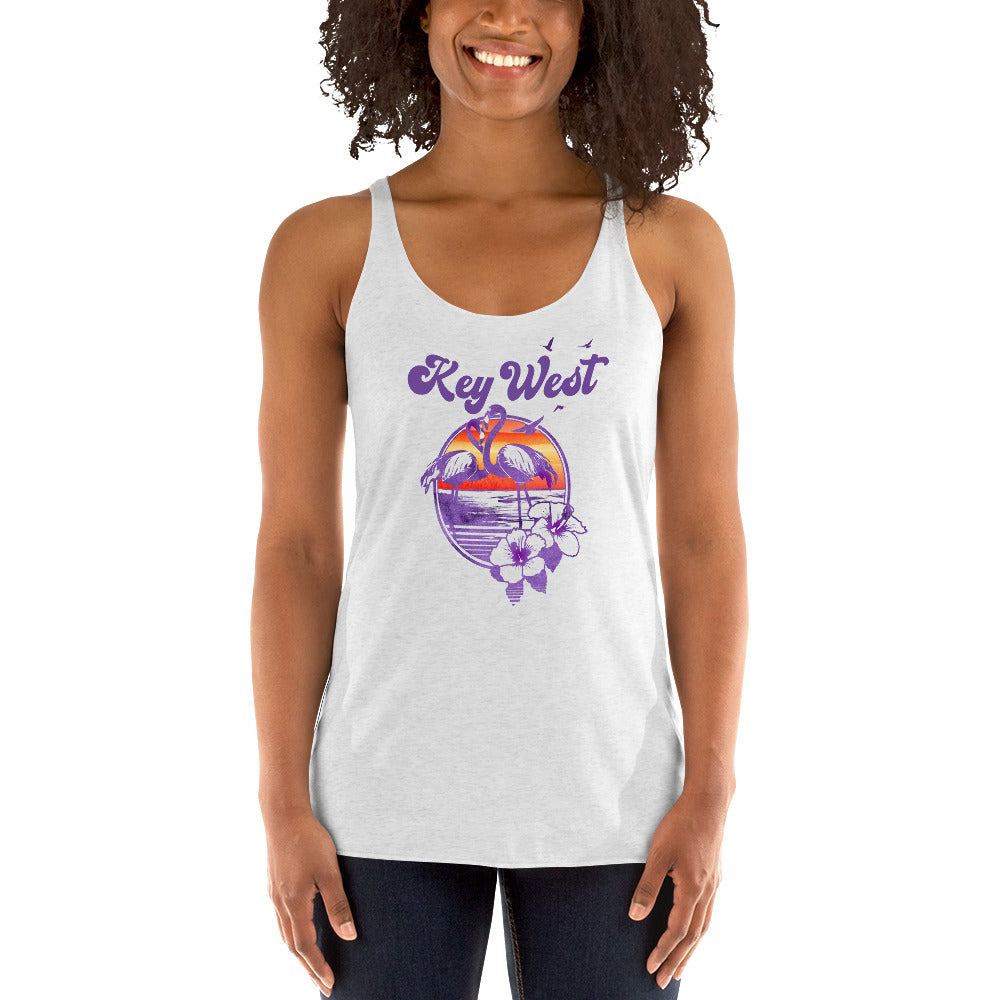 Retro Key West Florida Beach Flamingo Hibiscus Women's Racerback Tank Top