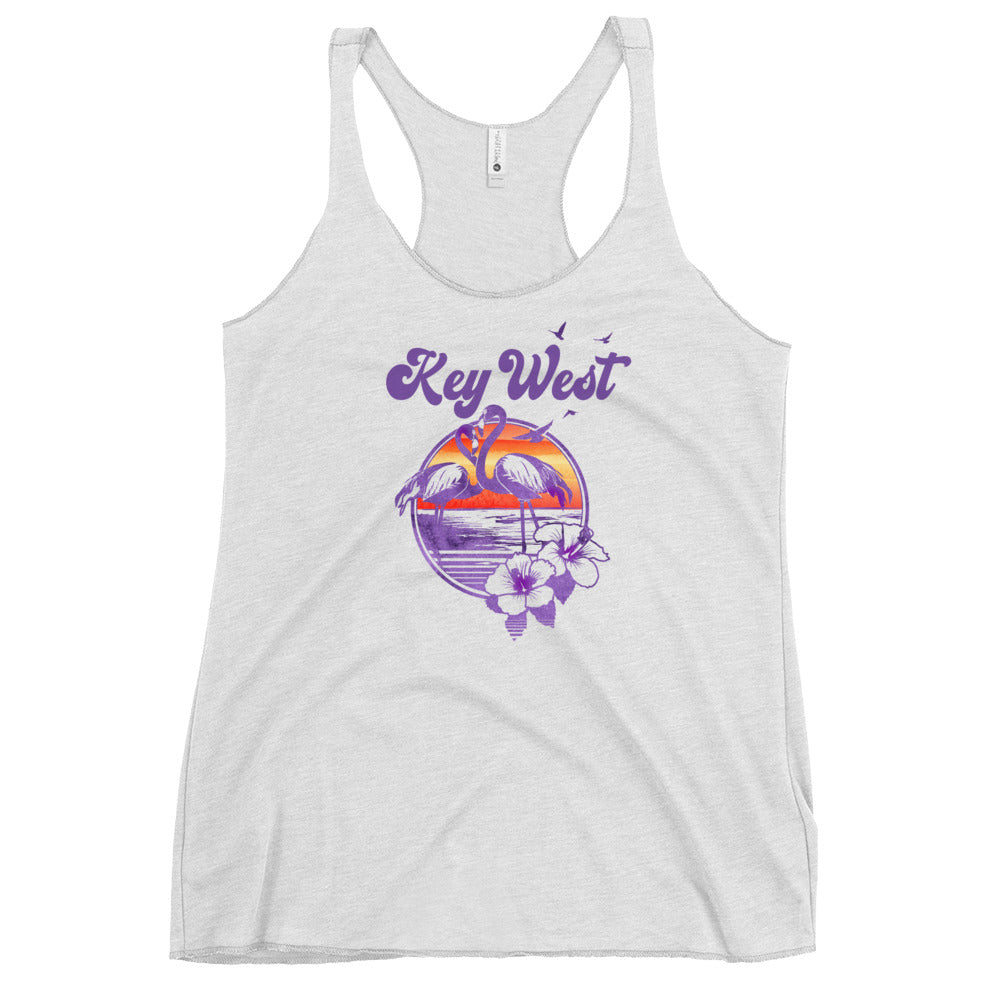 Retro Key West Florida Beach Flamingo Hibiscus Women's Racerback Tank Top