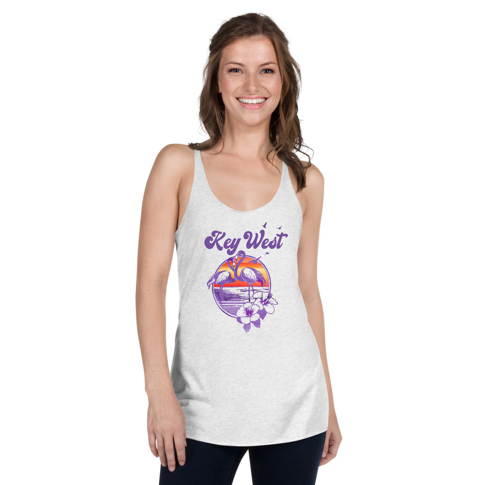 Retro Key West Florida Beach Flamingo Hibiscus Women's Racerback Tank Top