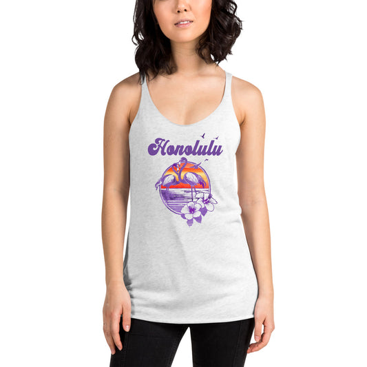 Retro Honolulu Oahu Hawaii Beach Flamingo Hibiscus Women's Racerback Tank Top