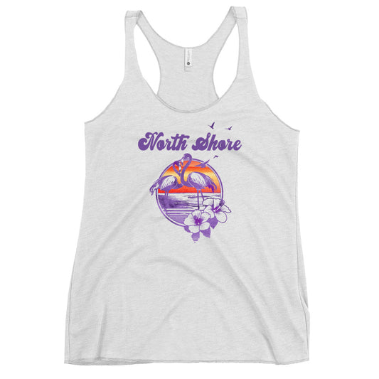 Retro North Shore Oahu Hawaii Beach Flamingo Hibiscus Women's Racerback Tank Top