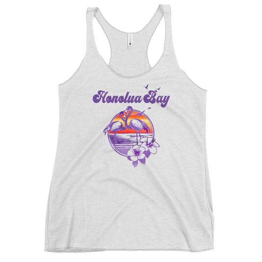 Retro Honolua Bay Maui Hawaii Beach Flamingo Hibiscus Women's Racerback Tank Top