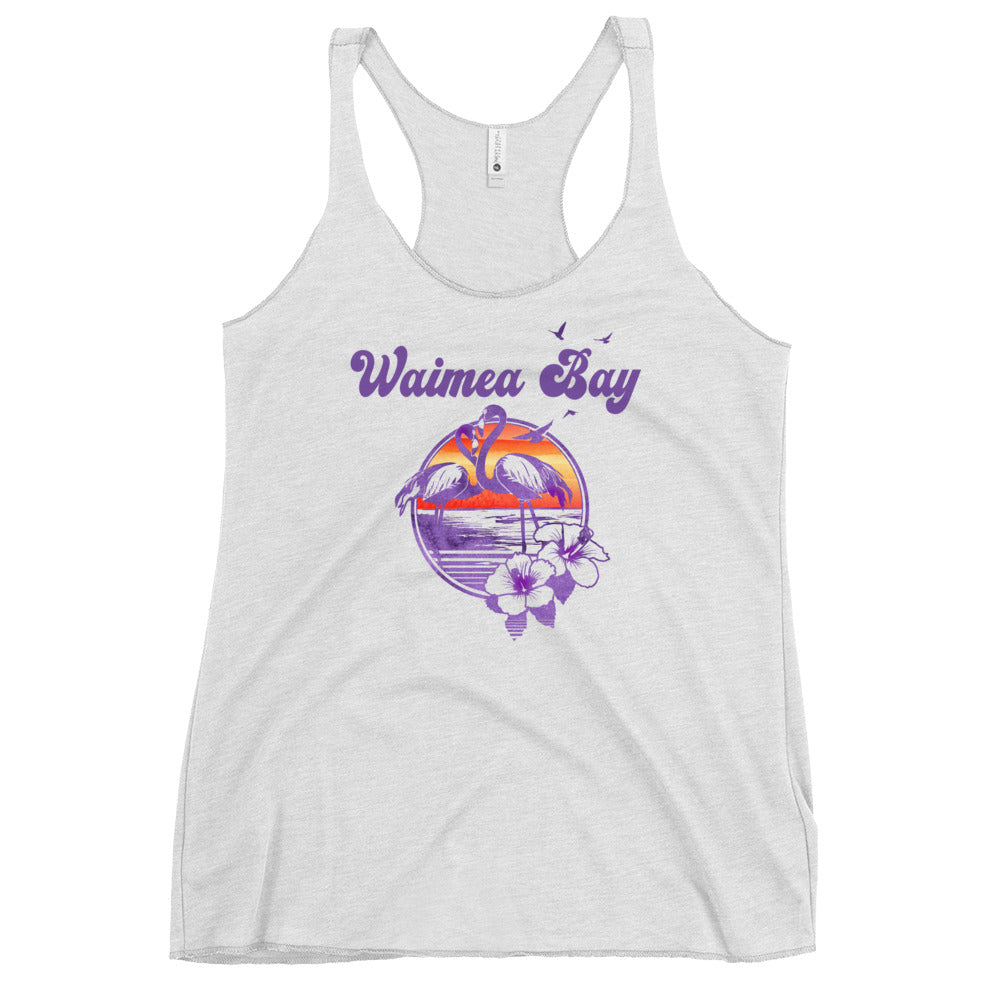 Retro Waimea Bay Oahu Hawaii Beach Flamingo Hibiscus Women's Racerback Tank Top