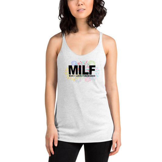 Funny MILF 4th Of July Fireworks Fan Joke Quote Women's Racerback Tank Top
