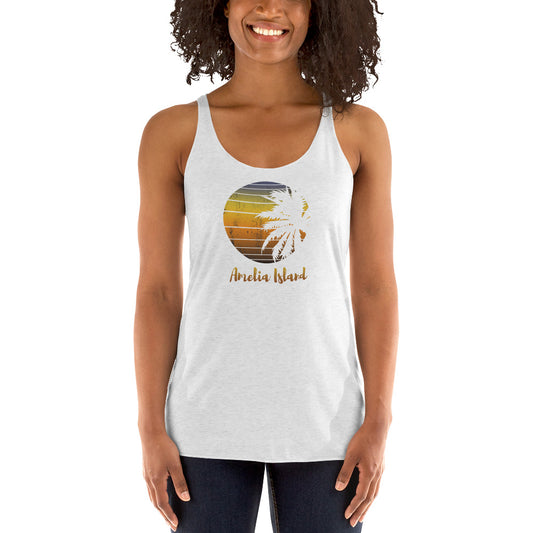 Retro Amelia Island Florida Beach Palm Tree Vacation Souvenir Women's Racerback Tank Top