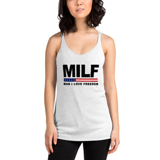 Funny MILF Military Service 4th Of July USA Flag Freedom  Joke  Women's Racerback Tank Top