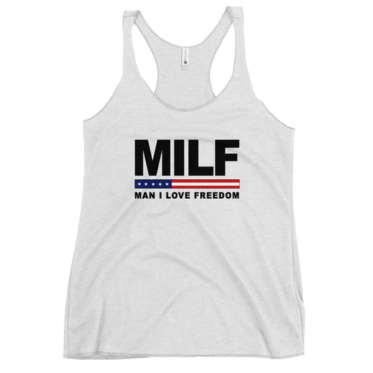 Funny MILF Military Service 4th Of July USA Flag Freedom Joke Women's Racerback Tank Top
