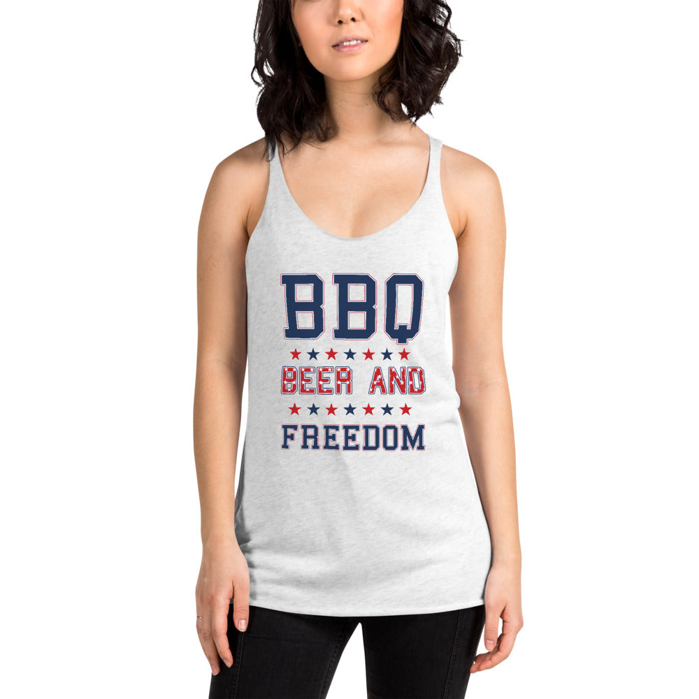 Funny BBQ Beer And Freedom July 4th USA Patriotic Women's Racerback Tank Top