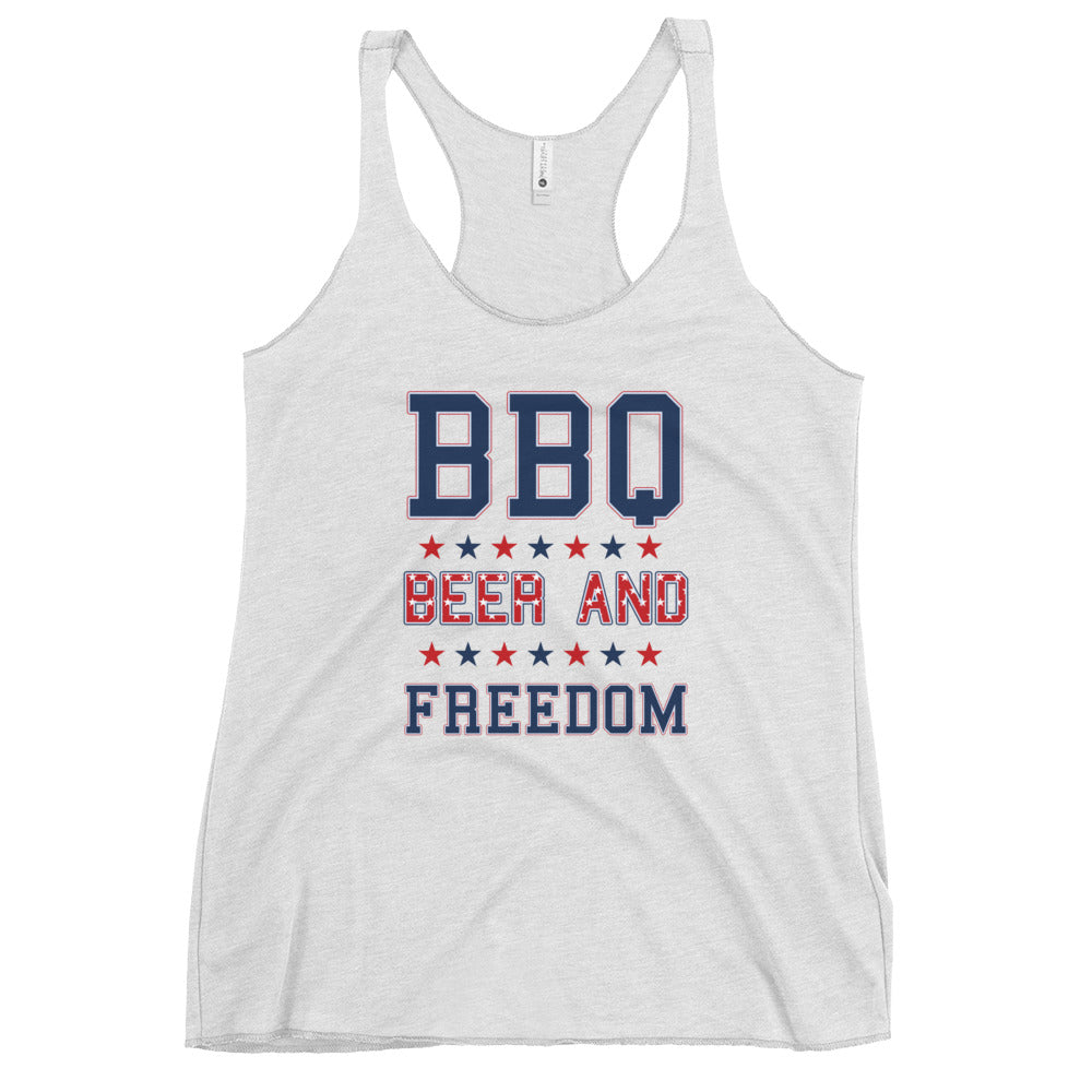 Funny BBQ Beer And Freedom July 4th USA Patriotic Women's Racerback Tank Top