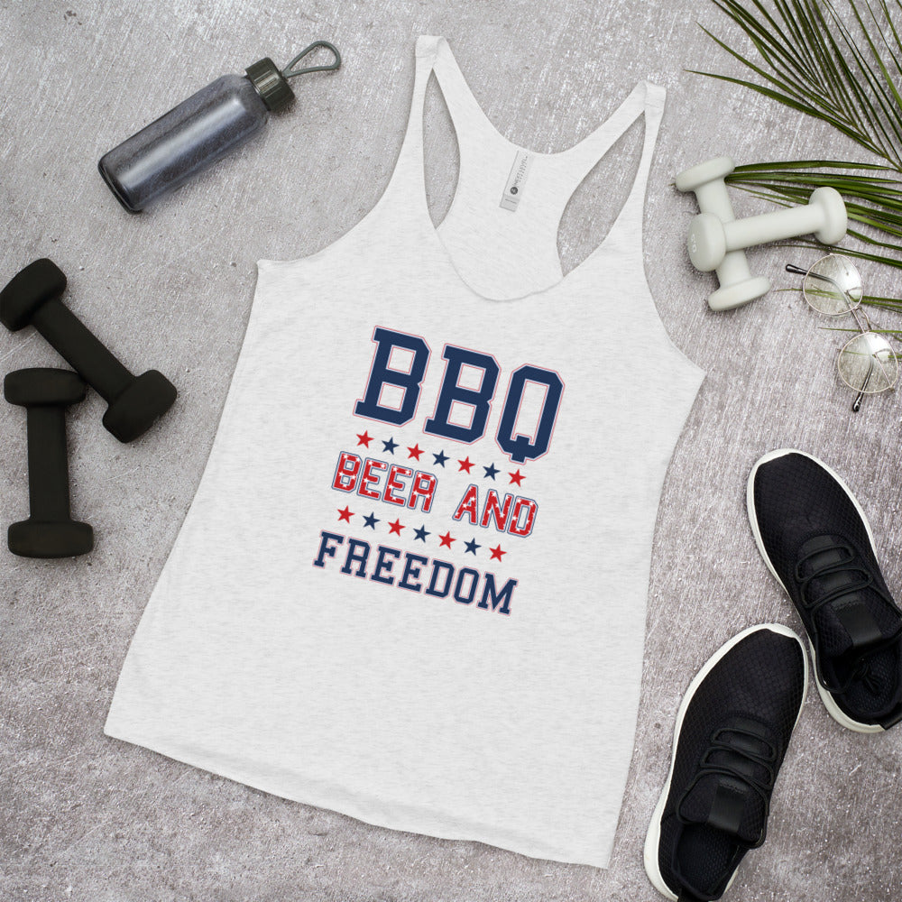 Funny BBQ Beer And Freedom July 4th USA Patriotic Women's Racerback Tank Top