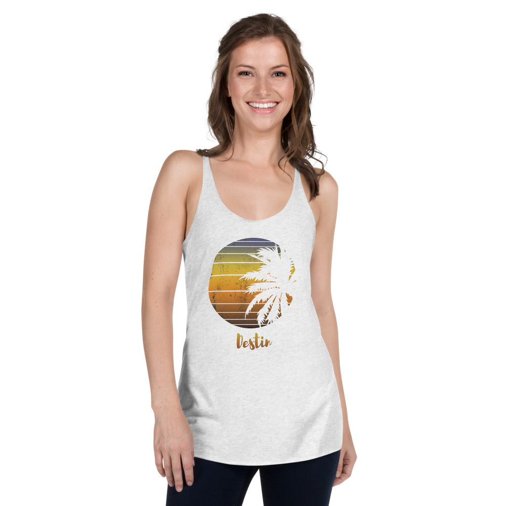 Retro Destin Florida Beach Palm Tree Vacation Souvenir Women's Racerback Tank Top