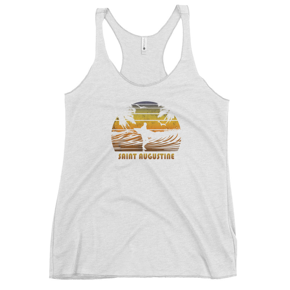 Retro St. Augustine Florida Surfing Fan Surfer Beach Sunset Souvenir Women's Racerback Tank Top