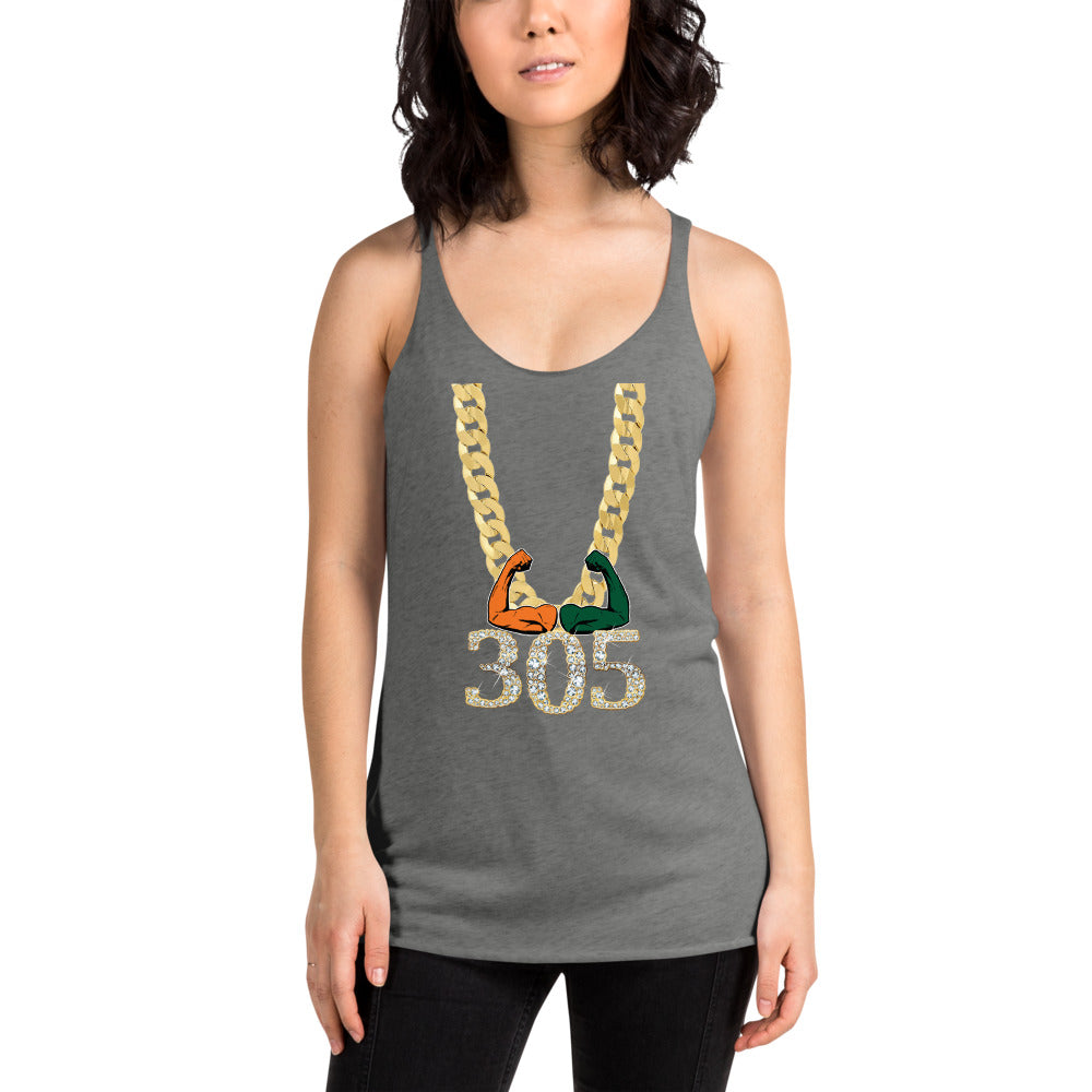 Miami Area Code 305 Turnover Funny Gold Chain College Football Fan Women's Racerback Tank Top