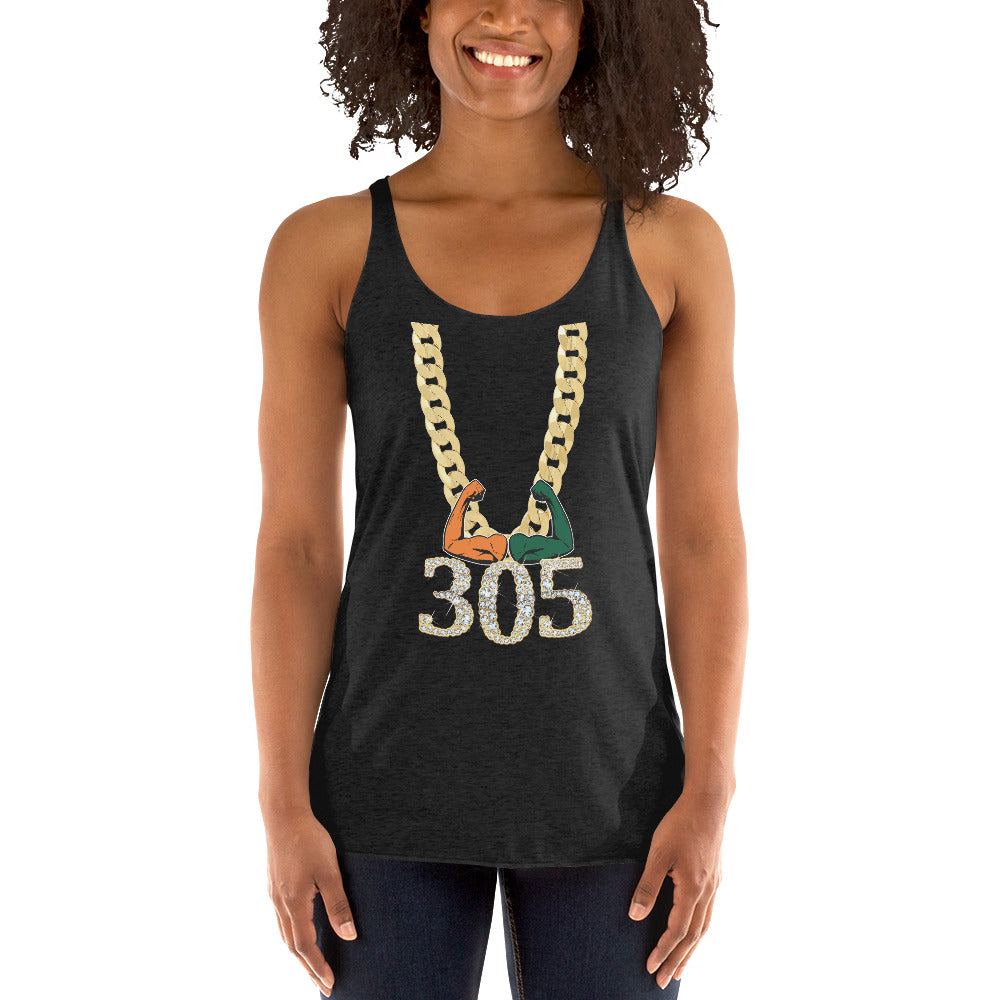 Miami Area Code 305 Turnover Funny Gold Chain College Football Fan Women's Racerback Tank Top