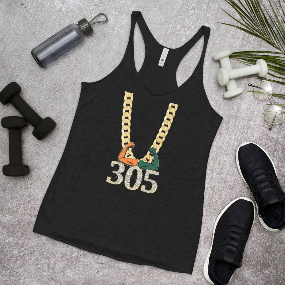 Miami Area Code 305 Turnover Funny Gold Chain College Football Fan Women's Racerback Tank Top