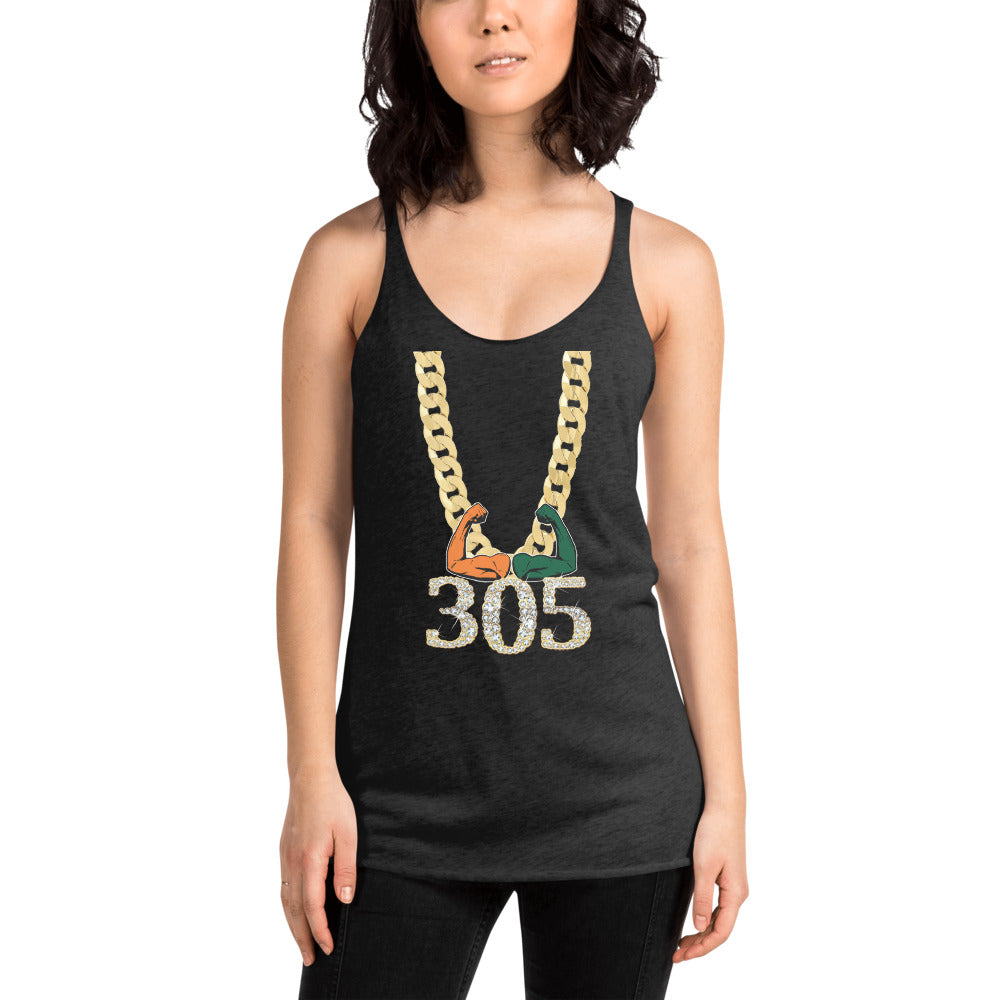 Miami Area Code 305 Turnover Funny Gold Chain College Football Fan Women's Racerback Tank Top