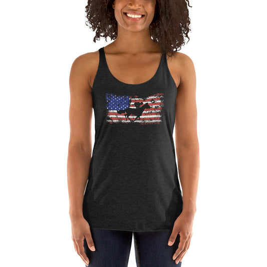 Horse Racing Fan USA Flag Patriotic Race Track Lover Women's Racerback Tank Top