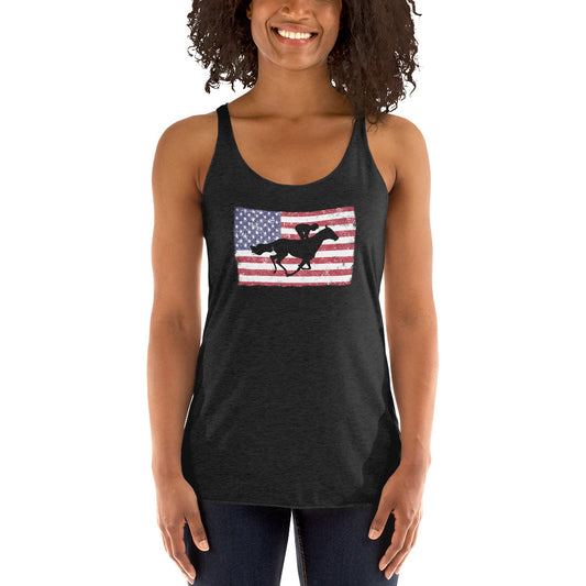 Horse Racing Fan USA Flag Race Track Lover Patriotic Women's Racerback Tank Top