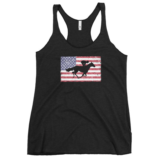 Horse Racing Fan USA Flag Race Track Lover Patriotic Women's Racerback Tank Top