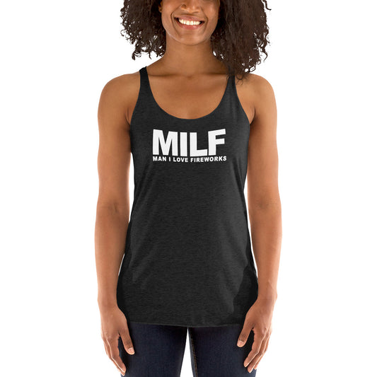 Funny MILF 4th Of July Fireworks Fan Quote Joke  Women's Racerback Tank Top