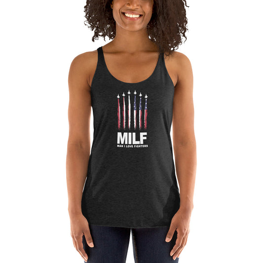 Funny MILF Military Service Fighter Jet  Joke 4th Of July USA Flag  Women's Racerback Tank Top