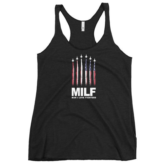 Funny MILF Military Service Fighter Jet  Joke 4th Of July USA Flag  Women's Racerback Tank Top