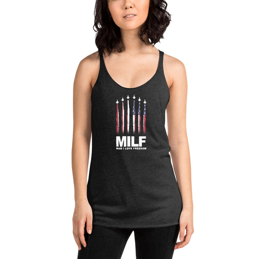 Funny MILF Military Service Freedom  Joke USA  Women's Racerback Tank Top