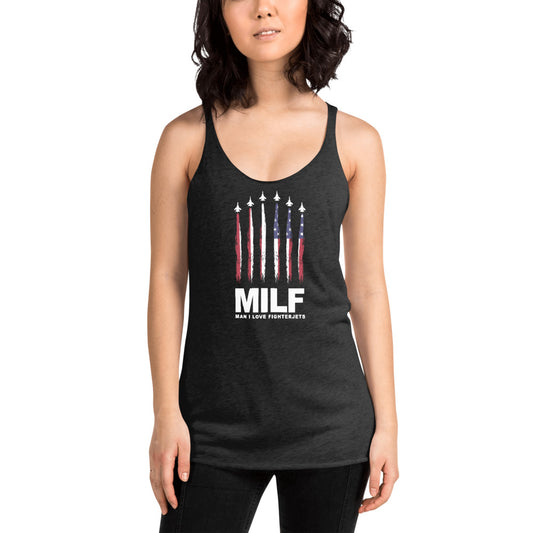 Funny MILF Military Service Jet Fighter Joke 4th Of July USA Flag Women's Racerback Tank Top