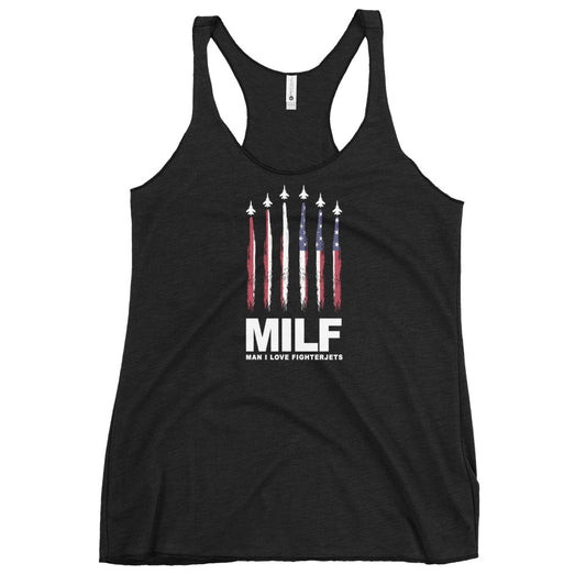 Funny MILF Military Service Jet Fighter Joke 4th Of July USA Flag Women's Racerback Tank Top