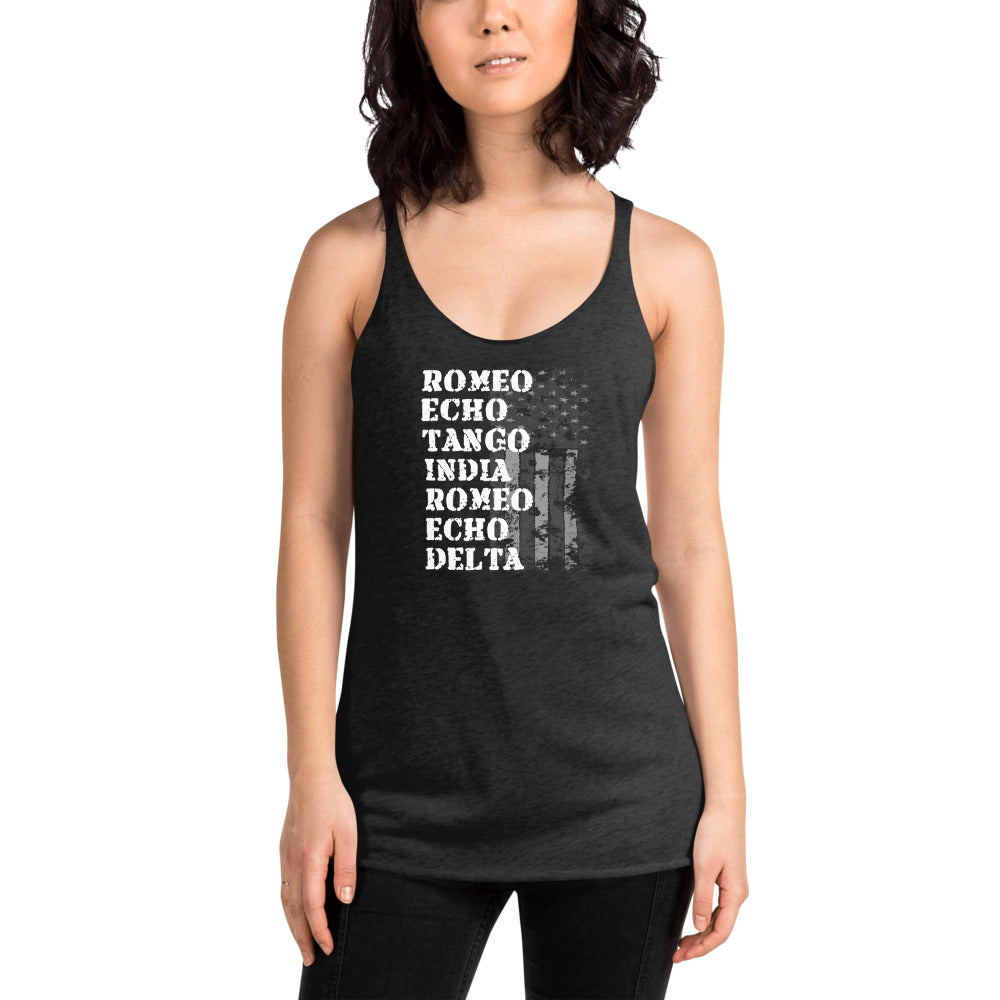 Cool Retired Military Service Veteran Army Navy Phonetic Alphabet Women's Racerback Tank Top