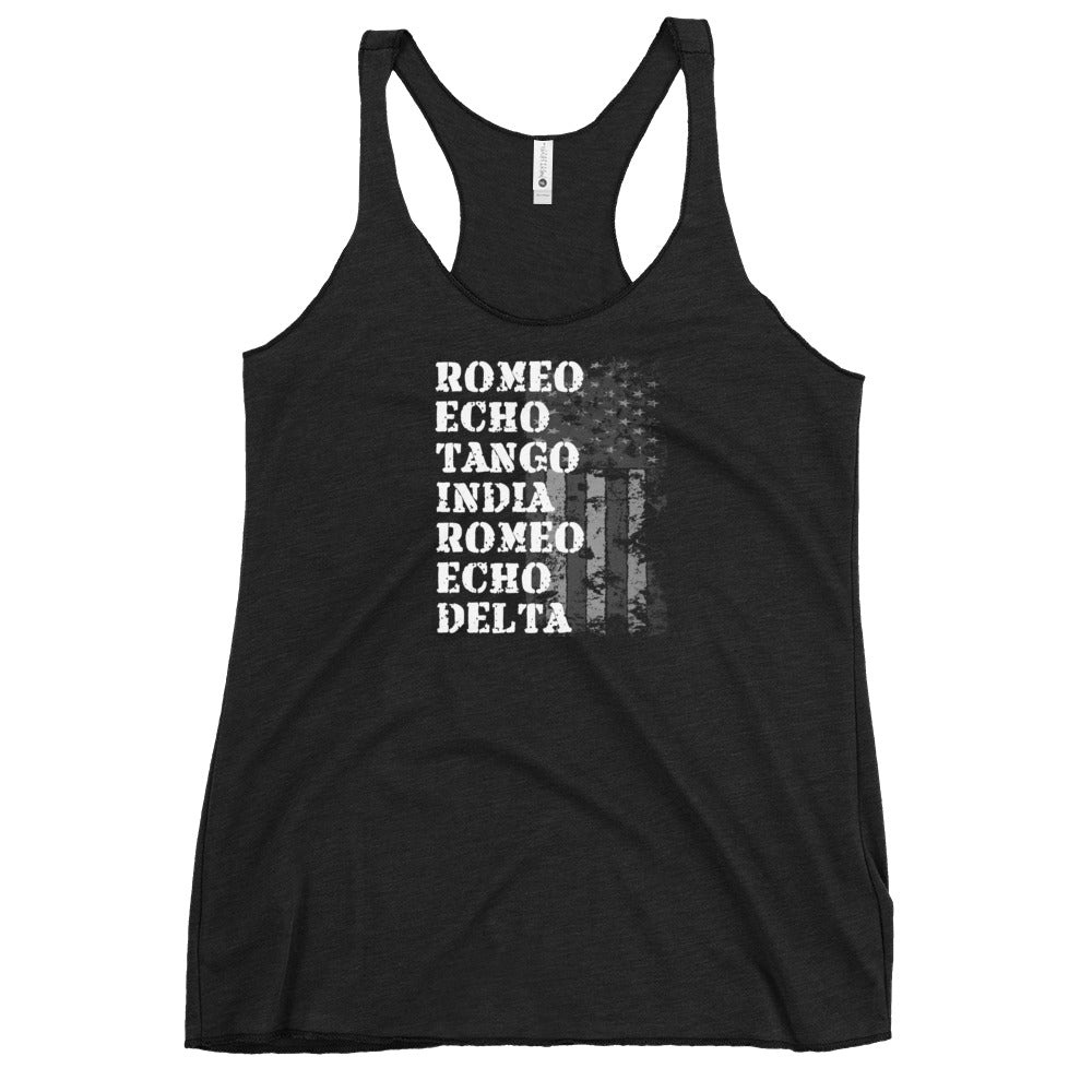 Cool Retired Military Service Veteran Army Navy Phonetic Alphabet Women's Racerback Tank Top