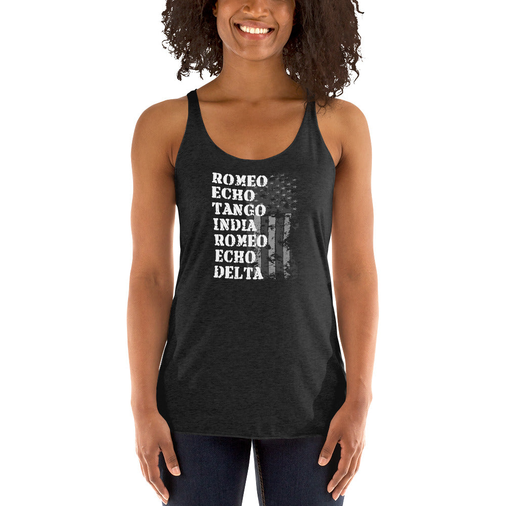 Cool Retired Military Service Veteran Army Navy Phonetic Alphabet Women's Racerback Tank Top